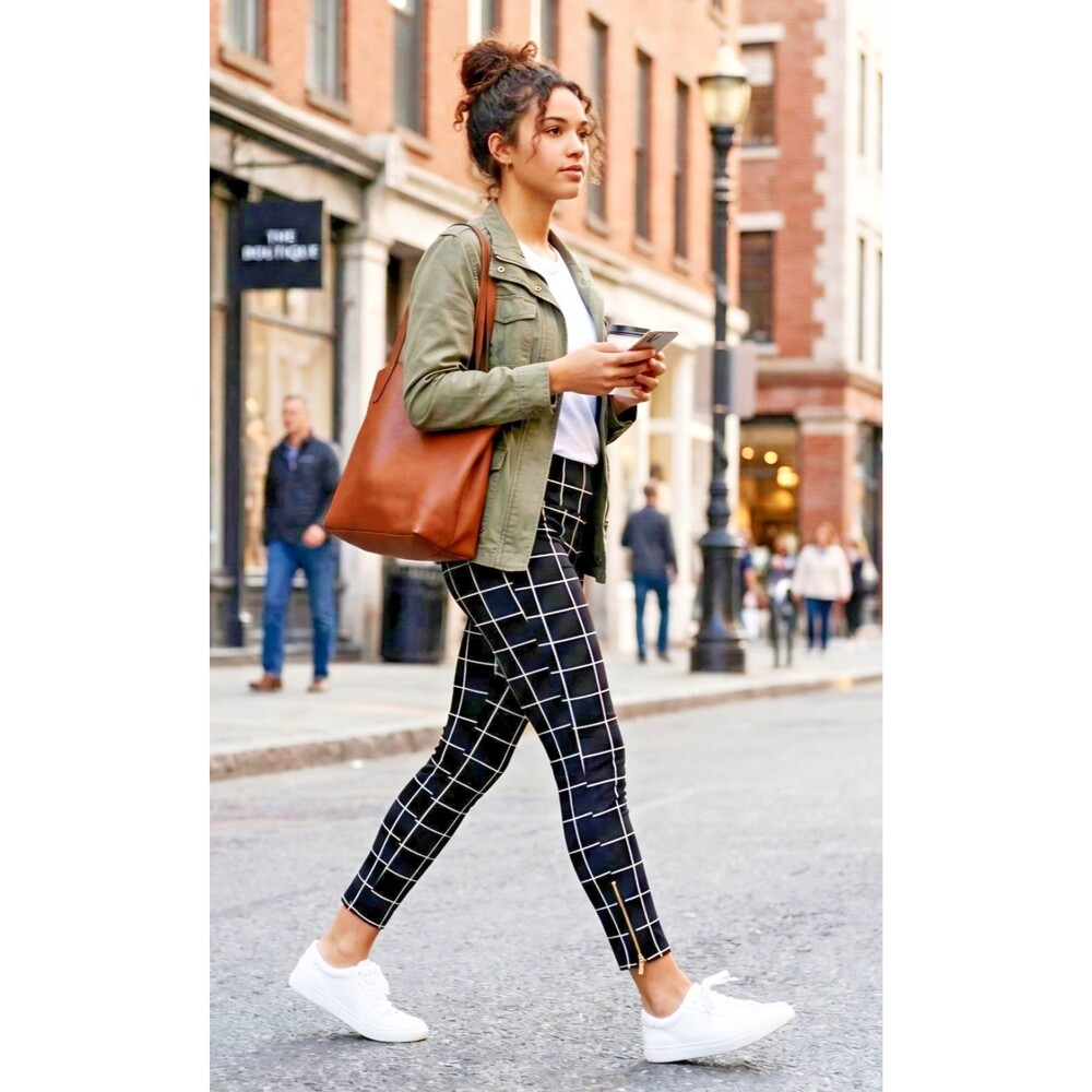IMAN Perfect Ponte 360 Slimming Legging Black White Windowpane Side Zipper SZ M